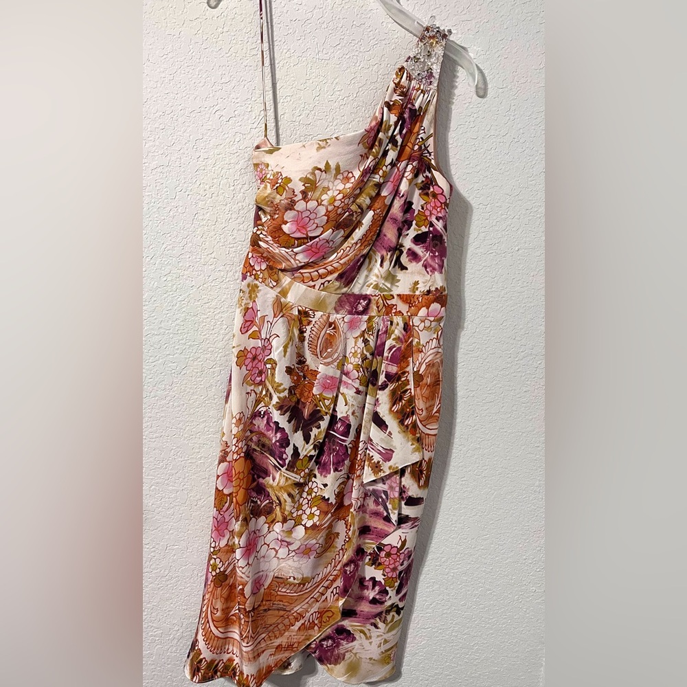 BADGLEY MISCHKA Purple, Orange Multicolor Floral Silk One Shoulder Dress Sz 6